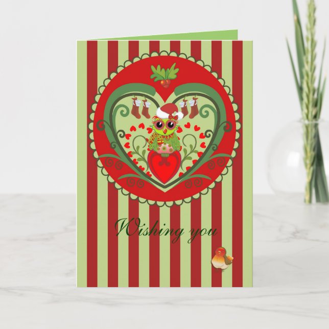 Cute Christmas card with Cartoon Santa Owl & Text (Front)