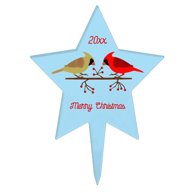 Cute Christmas Cardinals and Red Berries Custom Cake Topper (Front)