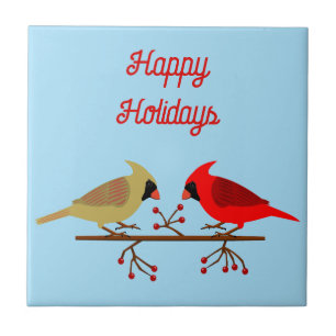 Cute Christmas Cardinals and Red Berries Custom Ceramic Tile