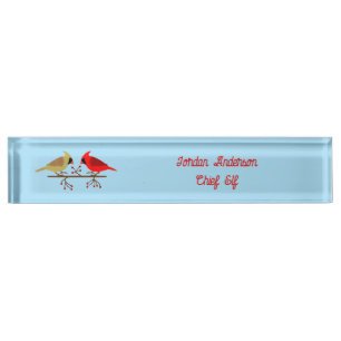 Cute Christmas Cardinals and Red Berries Custom Desk Name Plate