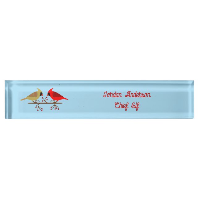 Cute Christmas Cardinals and Red Berries Custom Desk Name Plate (Front)