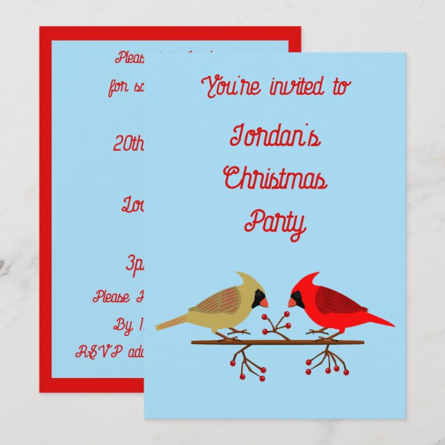 Cute Christmas Cardinals and Red Berries Custom Invitation (Front/Back)