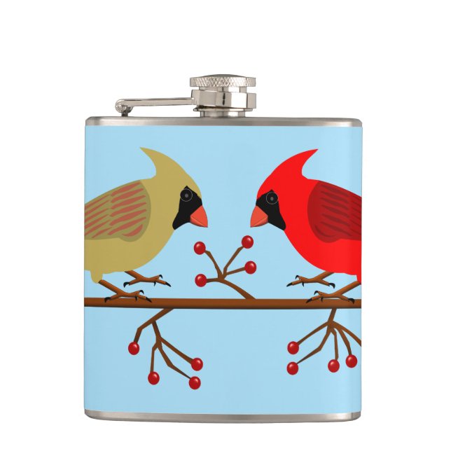 Cute Christmas Cardinals and Red Berries Flask (Front)