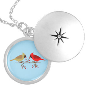 Cute Christmas Cardinals and Red Berries Locket Necklace