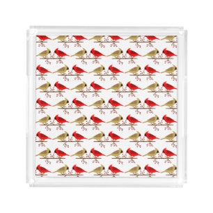 Cute Christmas Cardinals and Red Berries Patterned Acrylic Tray