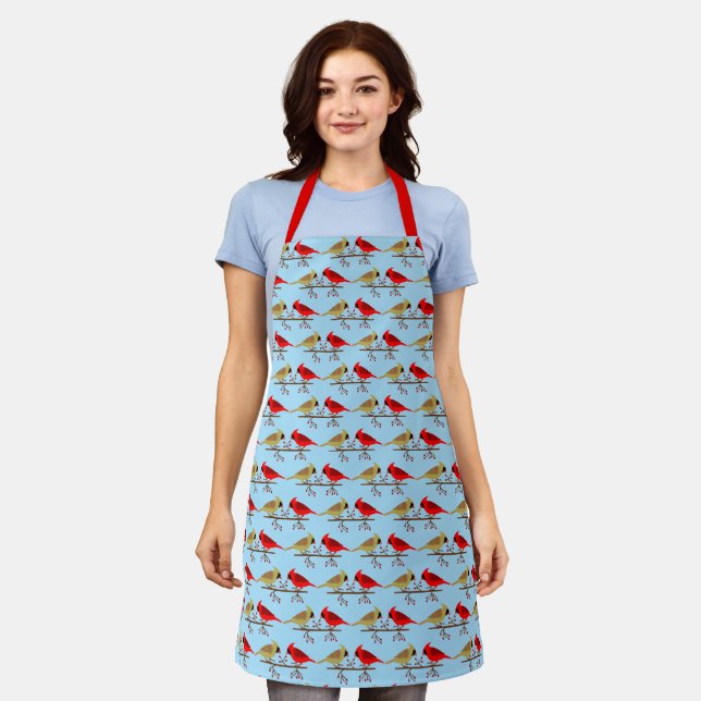 Cute Christmas Cardinals and Red Berries Patterned Apron (Worn)