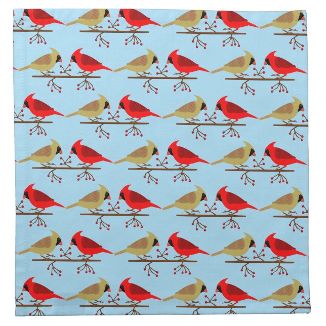 Cute Christmas Cardinals and Red Berries Patterned Cloth Napkin (Front)