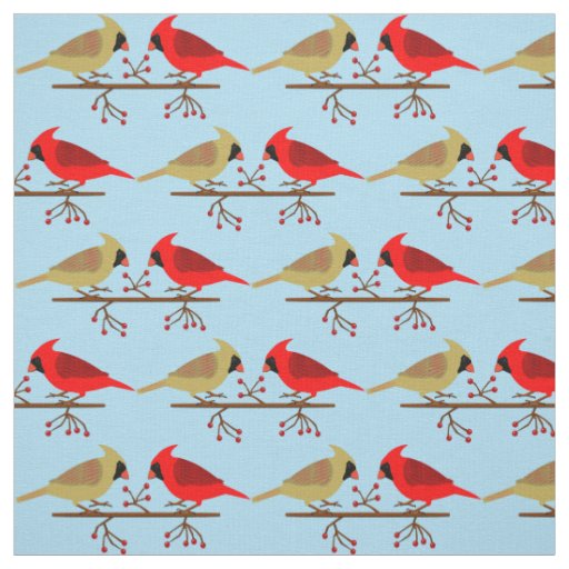 Cute Christmas Cardinals and Red Berries Patterned Fabric