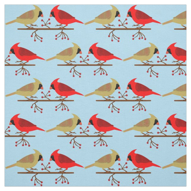 Cute Christmas Cardinals and Red Berries Patterned Fabric (Swatch)