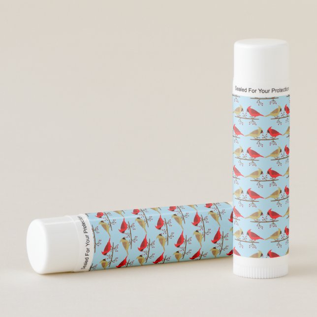 Cute Christmas Cardinals and Red Berries Patterned Lip Balm (Front)