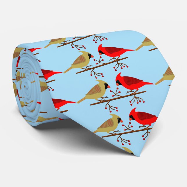 Cute Christmas Cardinals and Red Berries Patterned Neck Tie (Rolled)