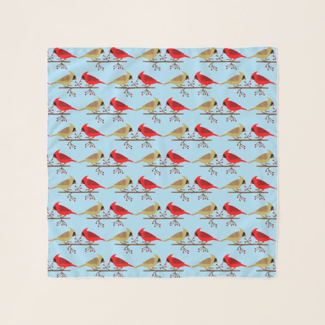 Cute Christmas Cardinals and Red Berries Patterned Scarf (Front)
