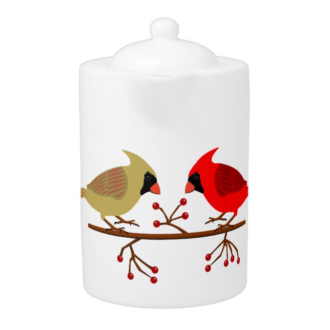 Cute Christmas Cardinals and Red Berries Teapot (Front)