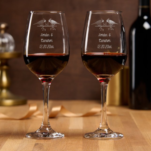 Cute Christmas Cardinals and Red Berries Wedding Wine Glass (Party)
