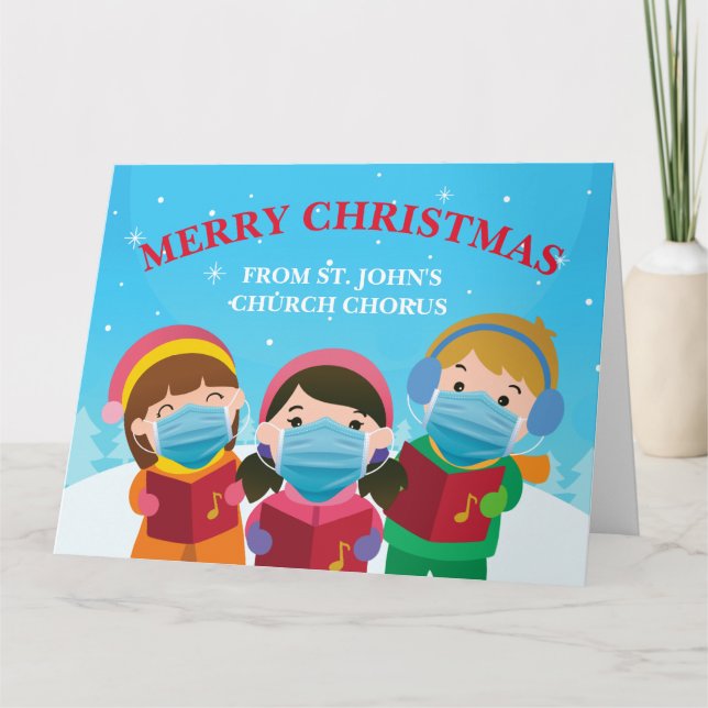 Cute Christmas Carolers in Face Mask Covid Holiday Card (Front)