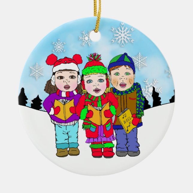 Cute Christmas Carolers Personalized Holiday Ceramic Ornament (Front)