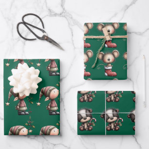 Cute Christmas Cartoon, Animals, Elf, Winter Wrapping Paper Sheets