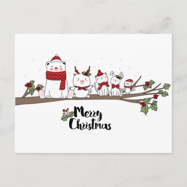 Cute Christmas Cartoon Animals Postcard (Front)