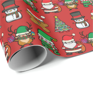 Cute Christmas Cartoon Characters Pattern Red Wrapping Paper