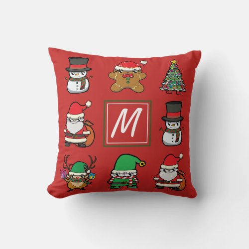 Cute Christmas Cartoon Characters Red Monogram Throw Pillow