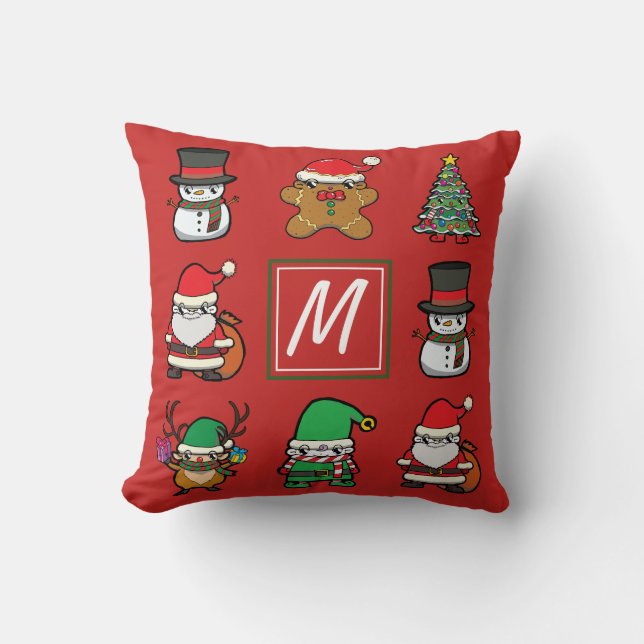 Cute Christmas Cartoon Characters Red Monogram Throw Pillow (Front)