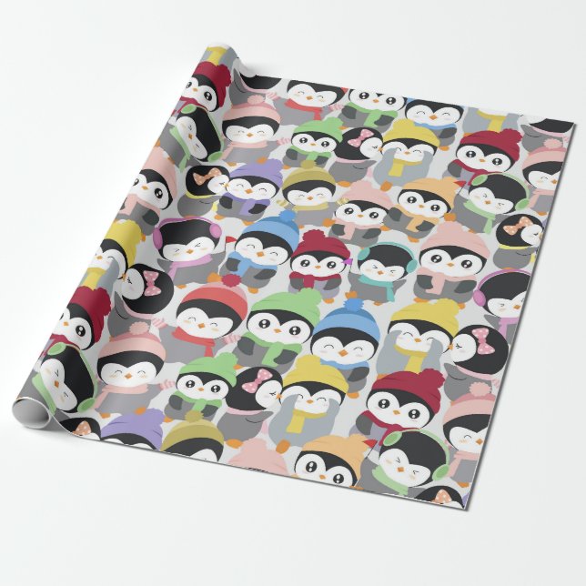 Cute Christmas Cartoon Penguins Wrapping Paper (Unrolled)