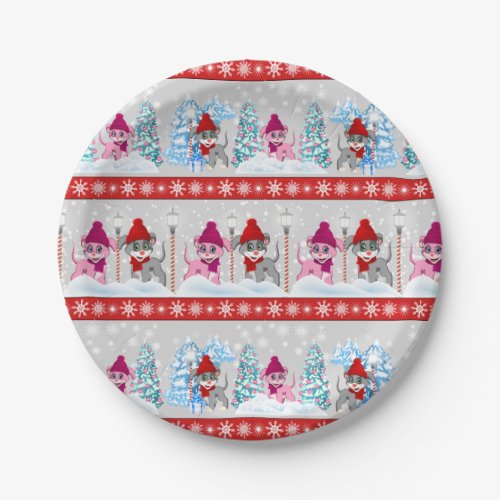 Cute Christmas Cartoon Puppies Pattern Paper Plates