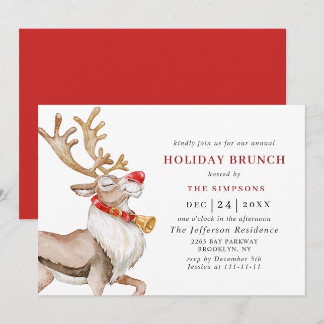 Cute Christmas Cartoon Reindeer HOLIDAY BRUNCH Invitation (Front/Back)