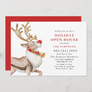 Cute Christmas Cartoon Reindeer HOLIDAY OPEN HOUSE Invitation