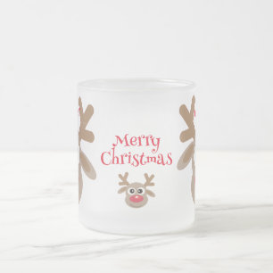 Cute Christmas Cartoon Reindeer Winter White Frosted Glass Coffee Mug