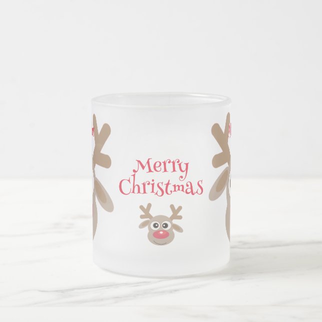 Cute Christmas Cartoon Reindeer Winter White Frosted Glass Coffee Mug (Center)