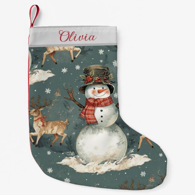 Cute Christmas Cartoon Snowman  Small Christmas Stocking (Front)