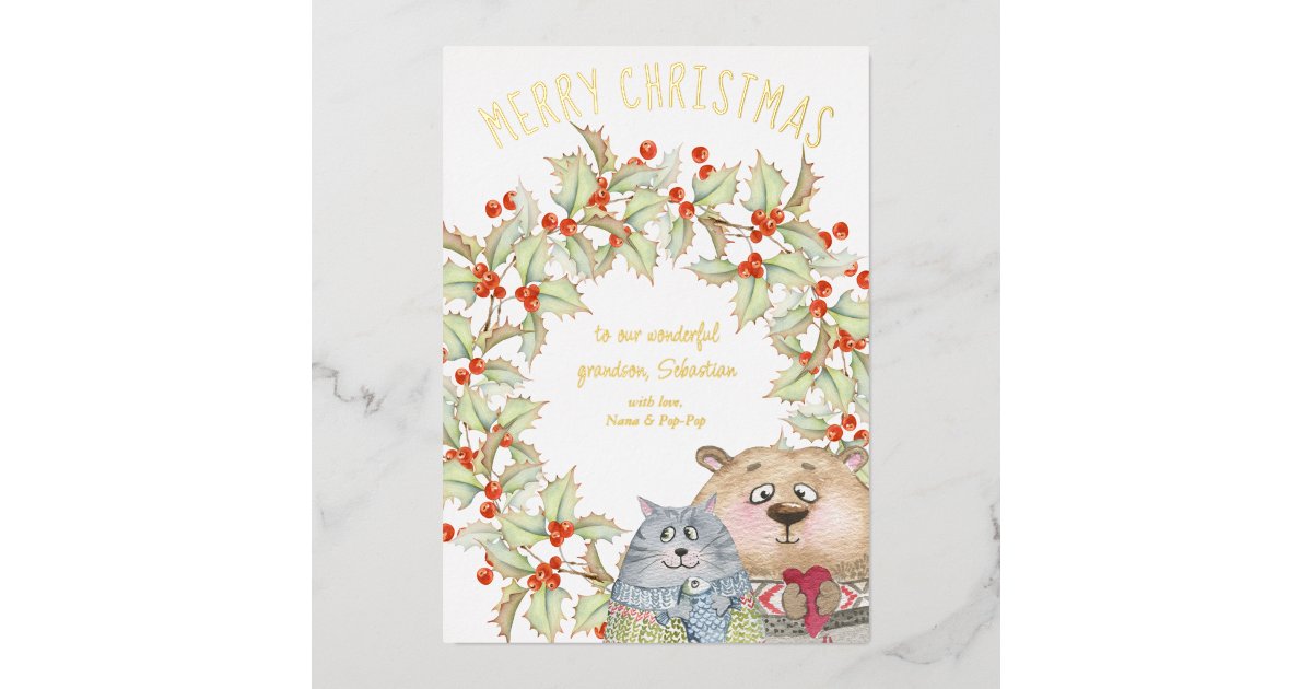 Cute Christmas Cat and Dog Holly Wreath Gold Foil Holiday Card | Zazzle