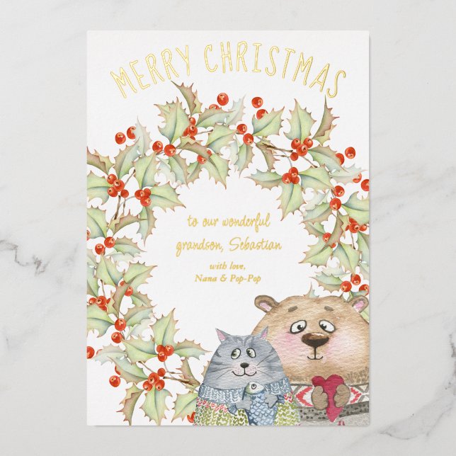 Cute Christmas Cat and Dog Holly Wreath Gold Foil Holiday Card (Front)