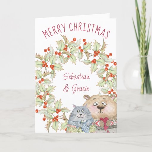 Cute Christmas Cat and Dog in Holly Wreath Holiday Card | Zazzle