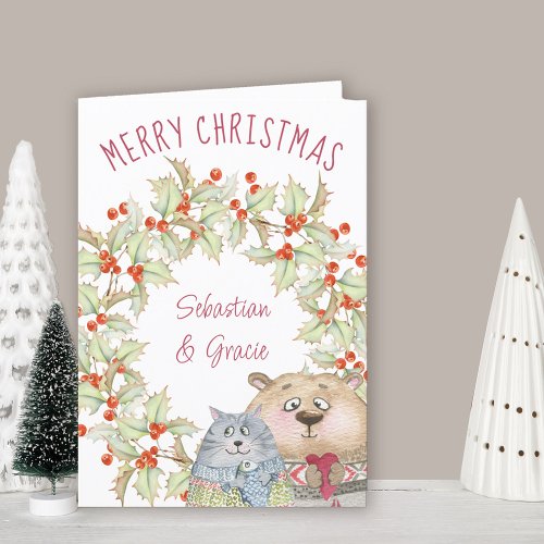 Cute Christmas Cat and Dog in Holly Wreath Holiday Card