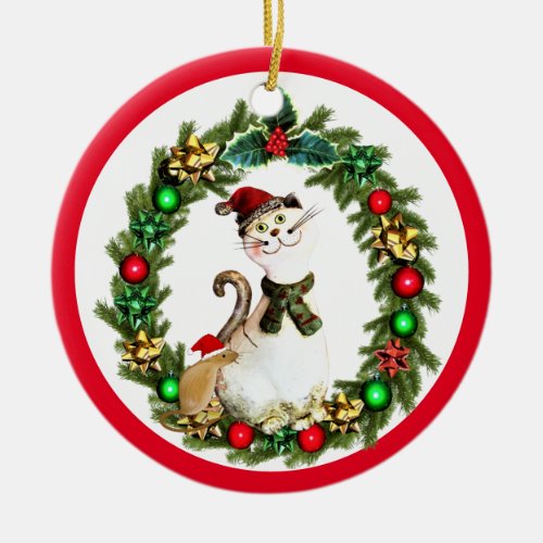 Cute Christmas Cat and Mouse Ceramic Ornament