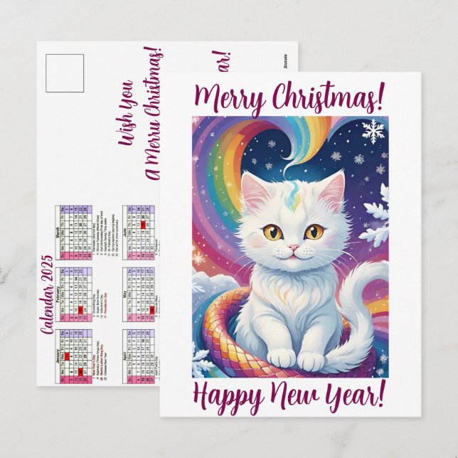 Cute Christmas Cat Calendar 2025 Personalized Holiday Postcard (Front/Back)