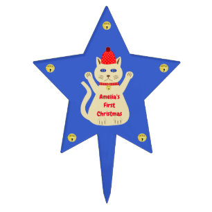 Cute Christmas Cat Custom First Christmas Cake Topper