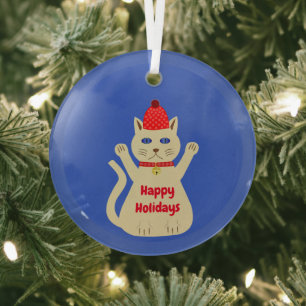 Cute Christmas Cat Custom Glass Ornament