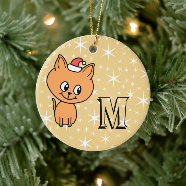Cute Christmas Cat, Custom Monogram and Back Photo Ceramic Ornament (Tree)