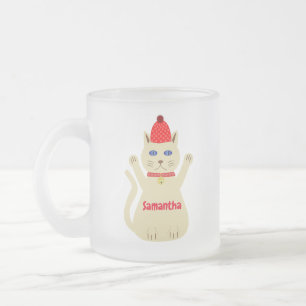 Cute Christmas Cat Custom Name Frosted Glass Coffee Mug