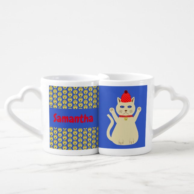 Cute Christmas Cat Custom Names Coffee Mug Set (Front Nesting)