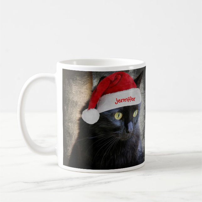 Cute Christmas Cat, Customized w Name on Santa Hat Coffee Mug (Left)