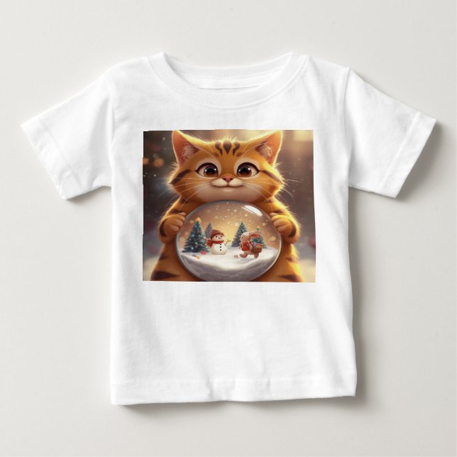 Cute Christmas Cat Holding Snow Globe Art Baby T-S T-Shirt (Front)