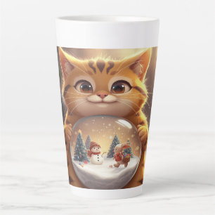 Cute Christmas Cat Holding Snow Globe Art Latte Mug