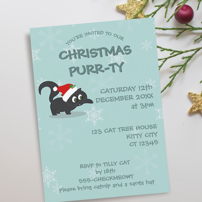 Cute Christmas Cat Holiday Party Invitations (Christmas Purrty? Here's the invitation you can send. Meowy Catmas!)