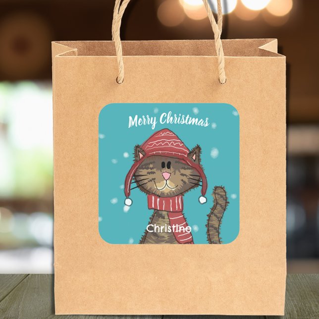 Cute Christmas Cat Holiday Personalized  Square Sticker (Creator Uploaded)