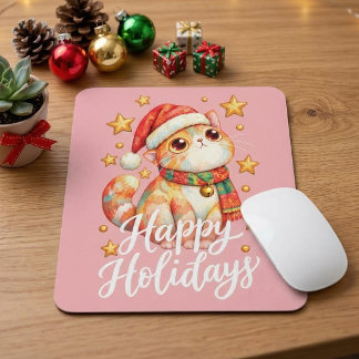 Cute Christmas Cat Illustration with Festive Charm Mouse Pad