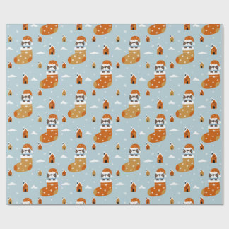 Cute Christmas Cat in a Stocking Blue Snowflake Wrapping Paper